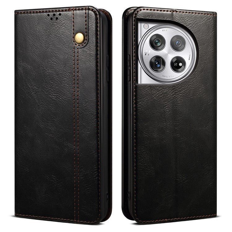 For OnePlus 12 5G Case Stand with Card Holder Waxy Crazy Horse Texture Leather Cover - Black
