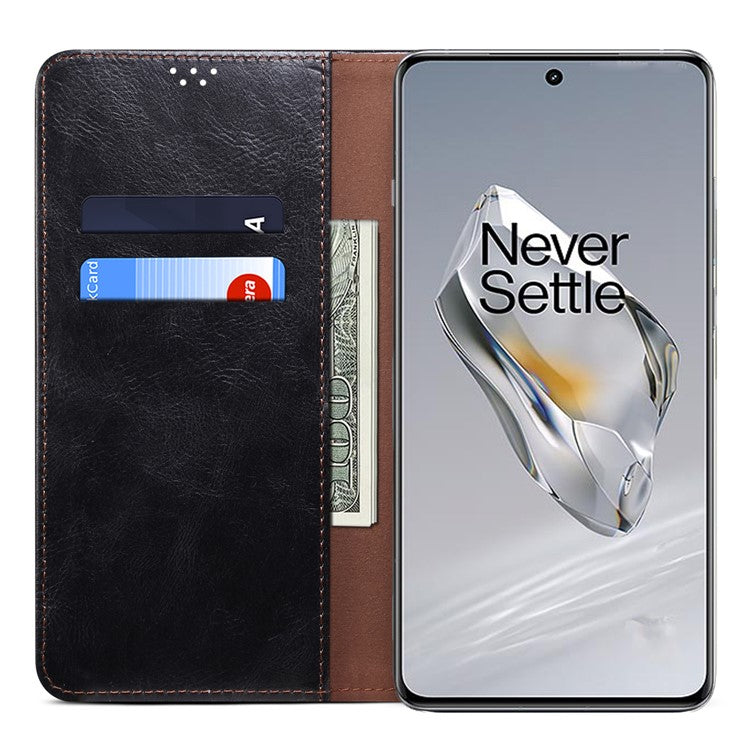 For OnePlus 12 5G Case Stand with Card Holder Waxy Crazy Horse Texture Leather Cover - Black