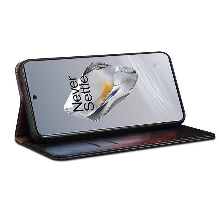 For OnePlus 12 5G Case Stand with Card Holder Waxy Crazy Horse Texture Leather Cover - Black