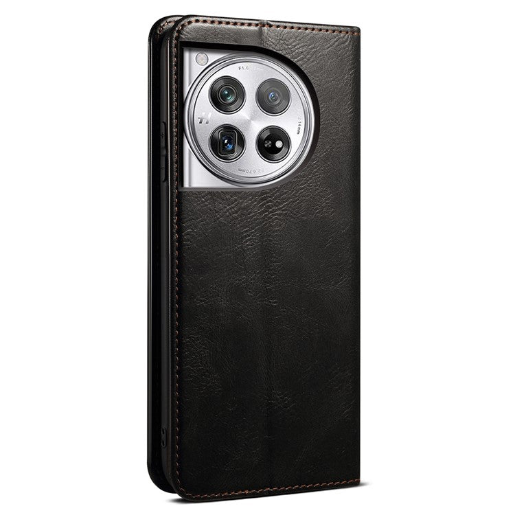 For OnePlus 12 5G Case Stand with Card Holder Waxy Crazy Horse Texture Leather Cover - Black
