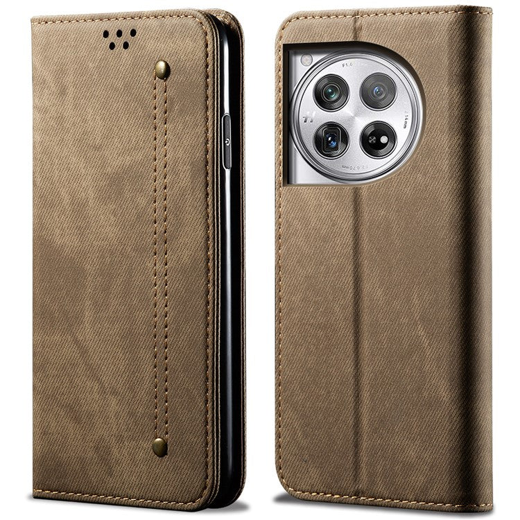 For OnePlus 12 5G Case with Stand Jeans Cloth Texture Wallet Leather Cover - Khaki