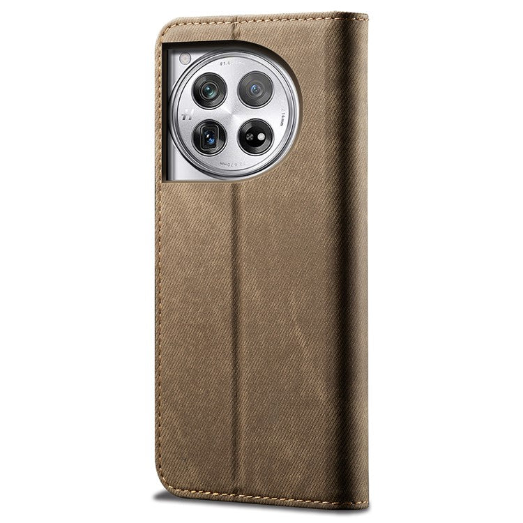 For OnePlus 12 5G Case with Stand Jeans Cloth Texture Wallet Leather Cover - Khaki