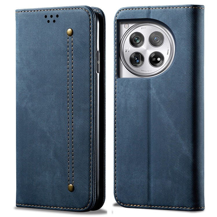 For OnePlus 12 5G Case with Stand Jeans Cloth Texture Wallet Leather Cover - Blue