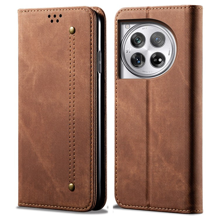 For OnePlus 12 5G Case with Stand Jeans Cloth Texture Wallet Leather Cover - Coffee