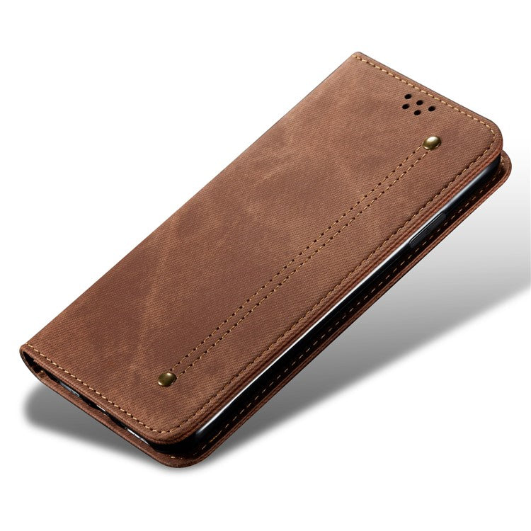 For OnePlus 12 5G Case with Stand Jeans Cloth Texture Wallet Leather Cover - Coffee