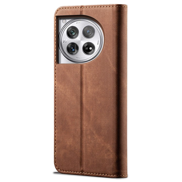 For OnePlus 12 5G Case with Stand Jeans Cloth Texture Wallet Leather Cover - Coffee
