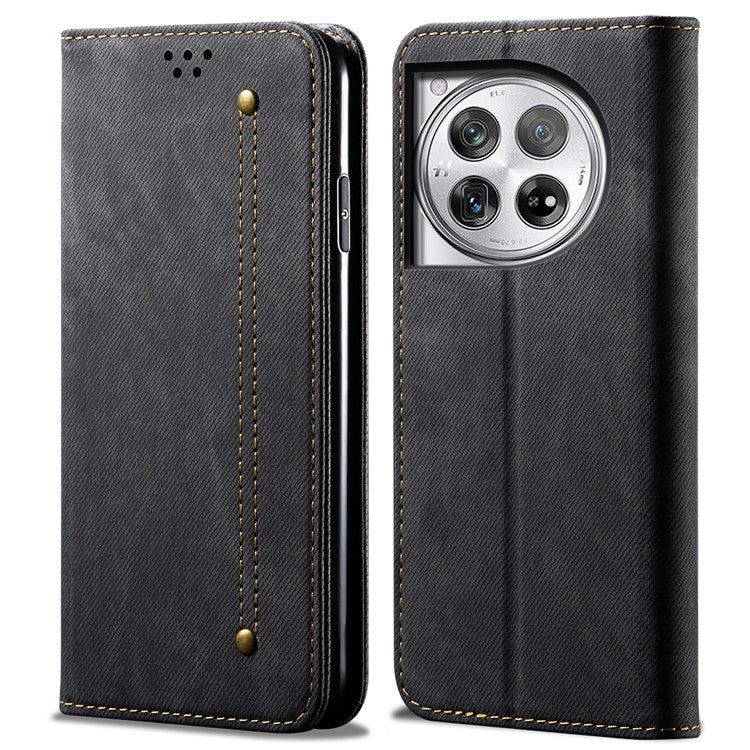 For OnePlus 12 5G Case with Stand Jeans Cloth Texture Wallet Leather Cover - Black