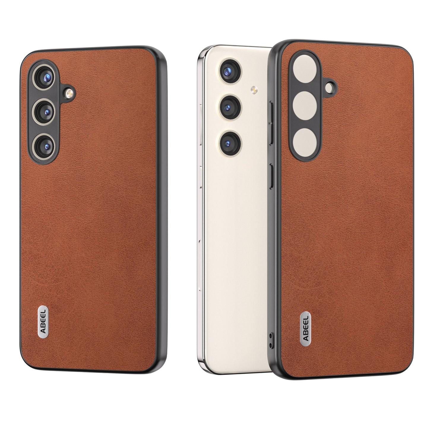 ABEEL For Samsung Galaxy S24+ Case Cowhide Texture PU Leather + Hard PC Phone Back Shell - Brown