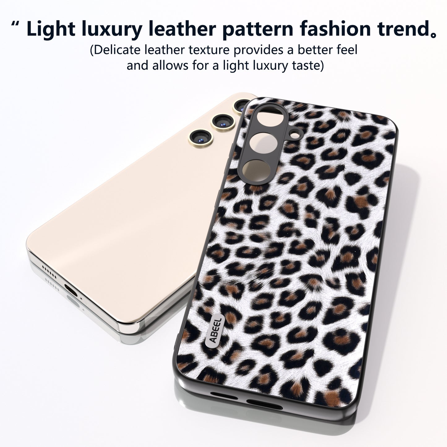 ABEEL For Samsung Galaxy S24 Case Leather Coated PC+TPU Leopard Pattern Phone Cover - Silver