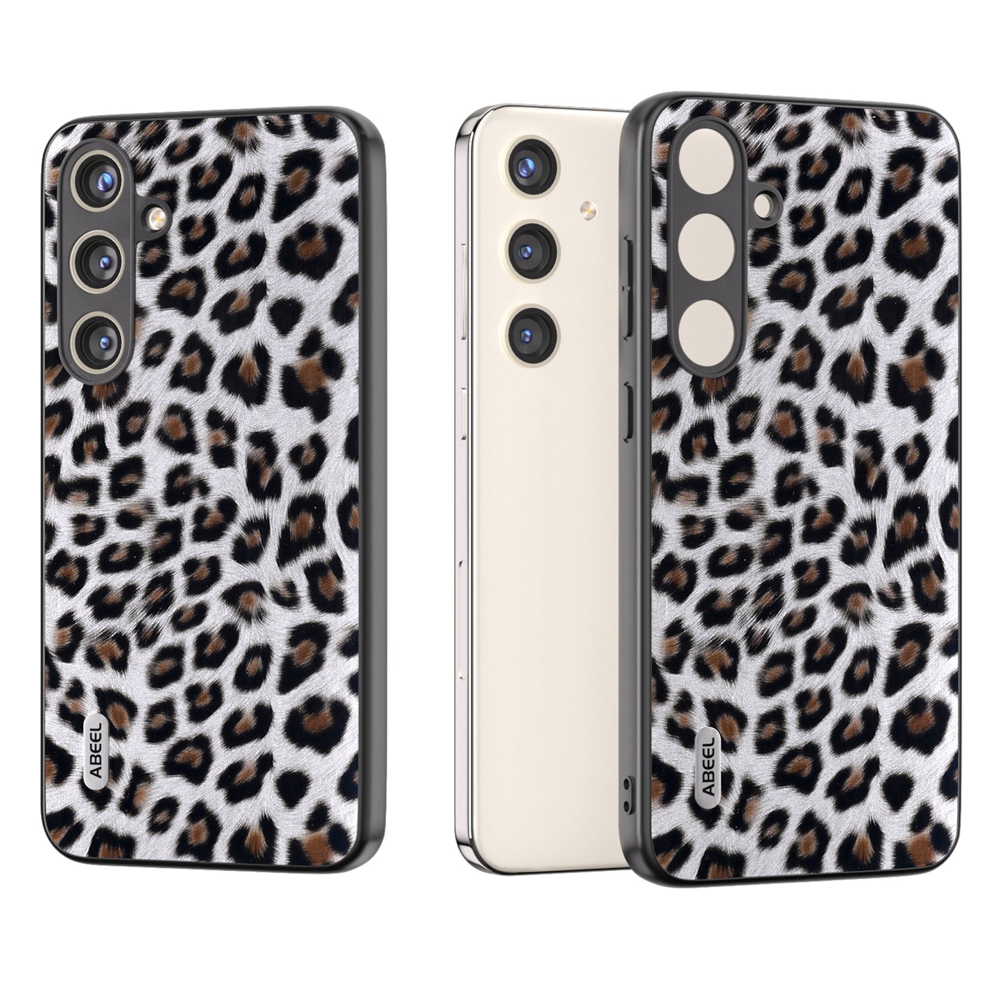 ABEEL For Samsung Galaxy S24 Case Leather Coated PC+TPU Leopard Pattern Phone Cover - Silver