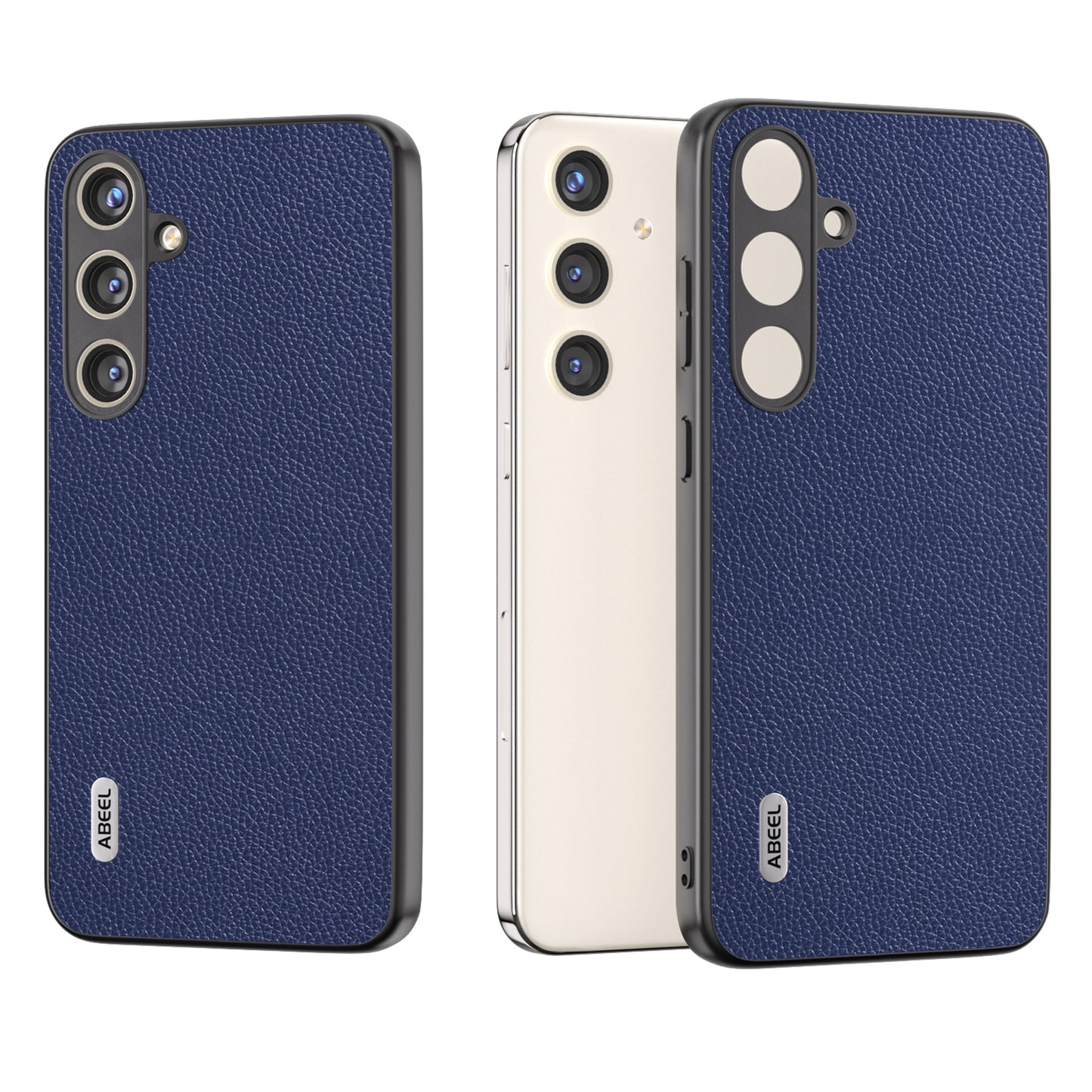 ABEEL For Samsung Galaxy S24+ Case with Litchi Texture Genuine Cow Leather Back Cover - Blue