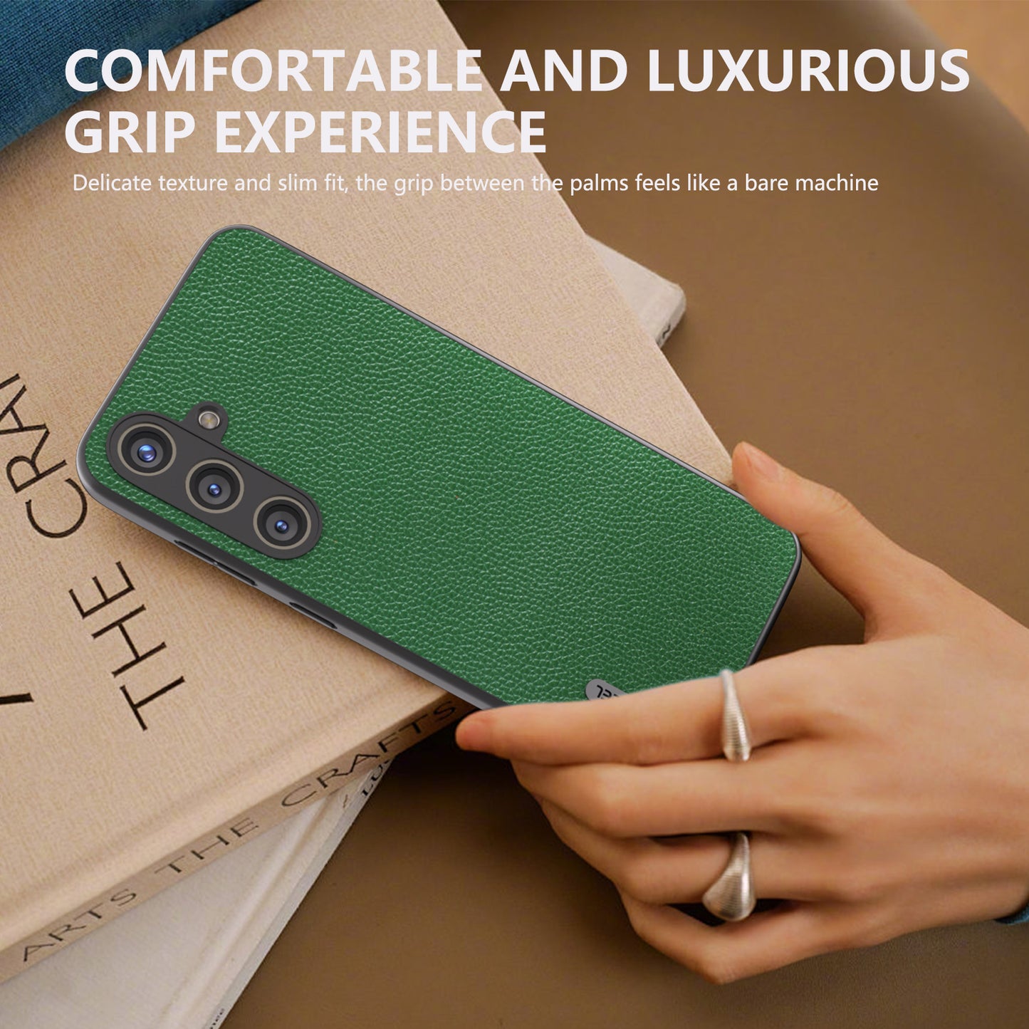 ABEEL For Samsung Galaxy S24+ Case with Litchi Texture Genuine Cow Leather Back Cover - Green
