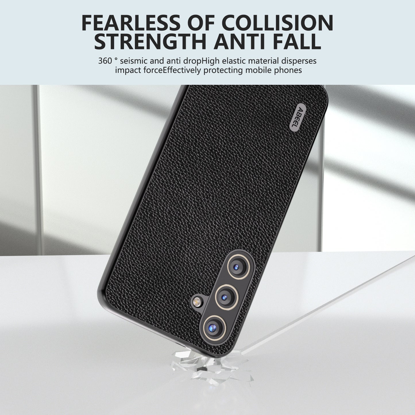 ABEEL For Samsung Galaxy S24+ Case with Litchi Texture Genuine Cow Leather Back Cover - Black