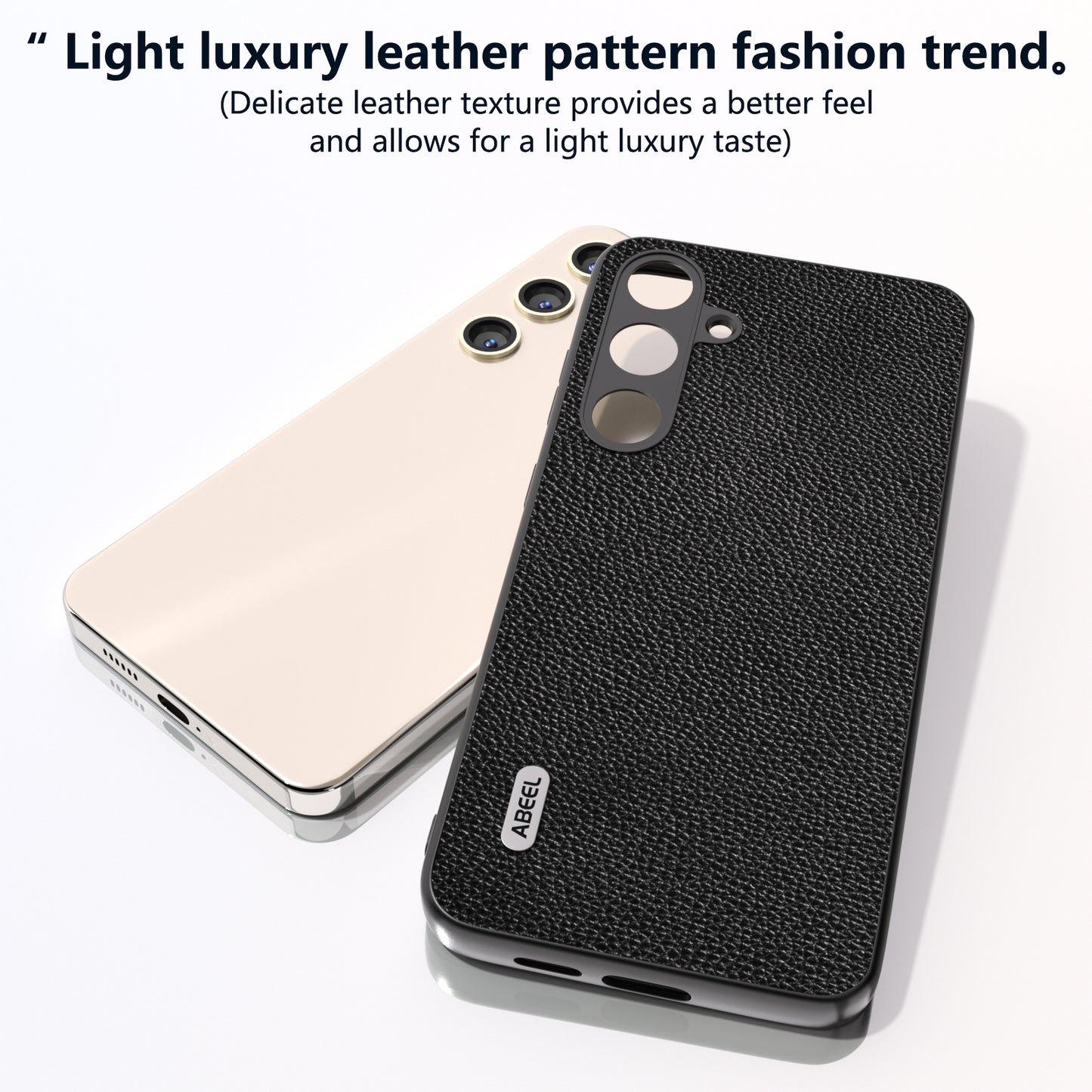 ABEEL For Samsung Galaxy S24+ Case with Litchi Texture Genuine Cow Leather Back Cover - Black