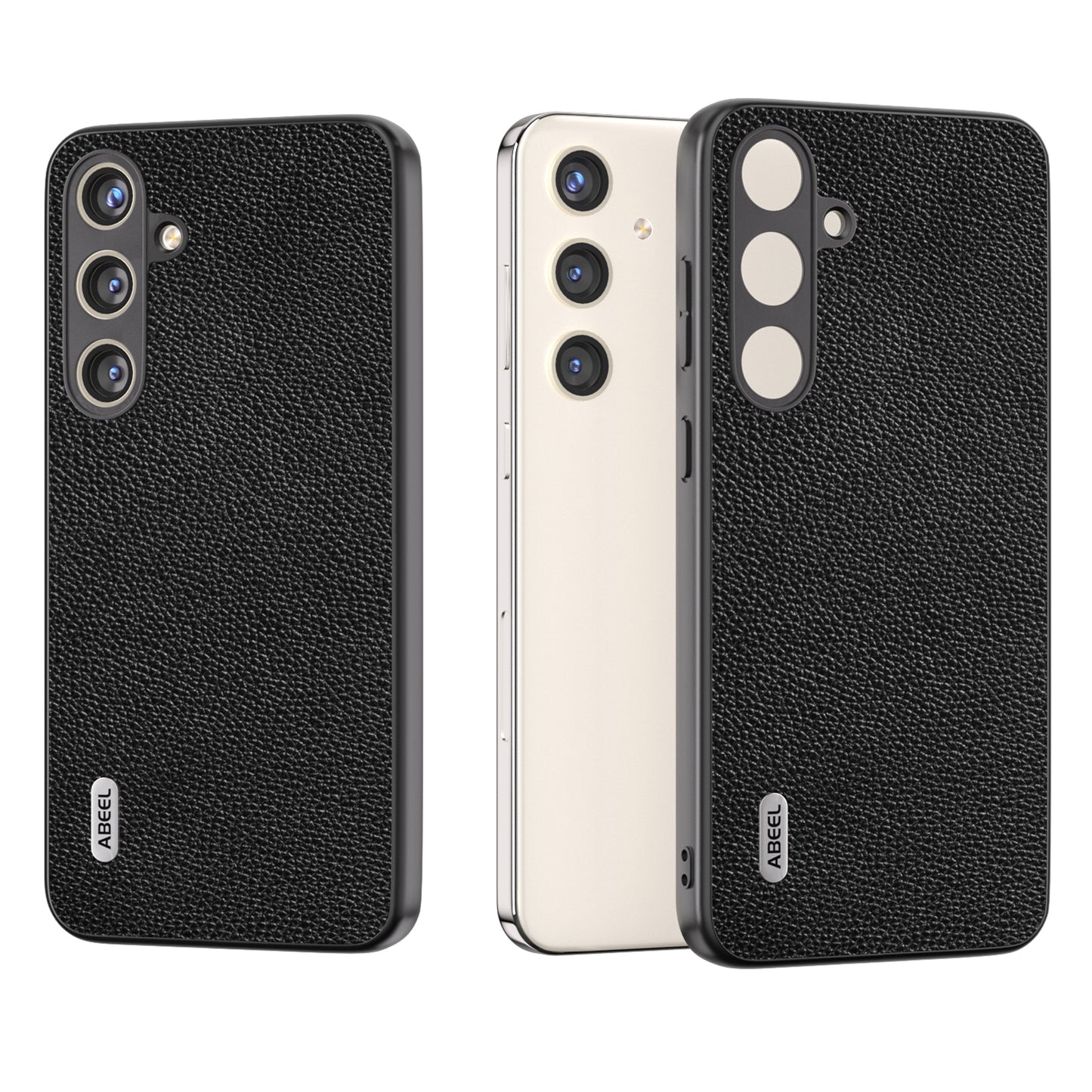 ABEEL For Samsung Galaxy S24+ Case with Litchi Texture Genuine Cow Leather Back Cover - Black