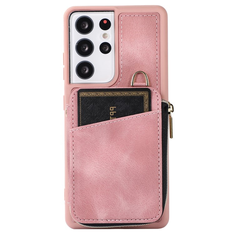 For Samsung Galaxy S21 Ultra 5G Cell Phone Case PU Leather+TPU Zipper Wallet Cover - Pink