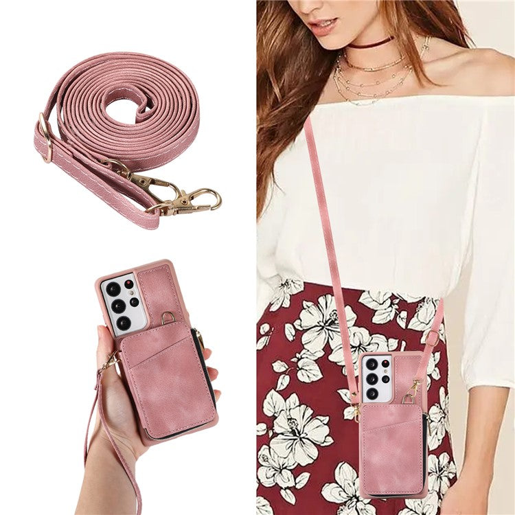For Samsung Galaxy S21 Ultra 5G Cell Phone Case PU Leather+TPU Zipper Wallet Cover - Pink