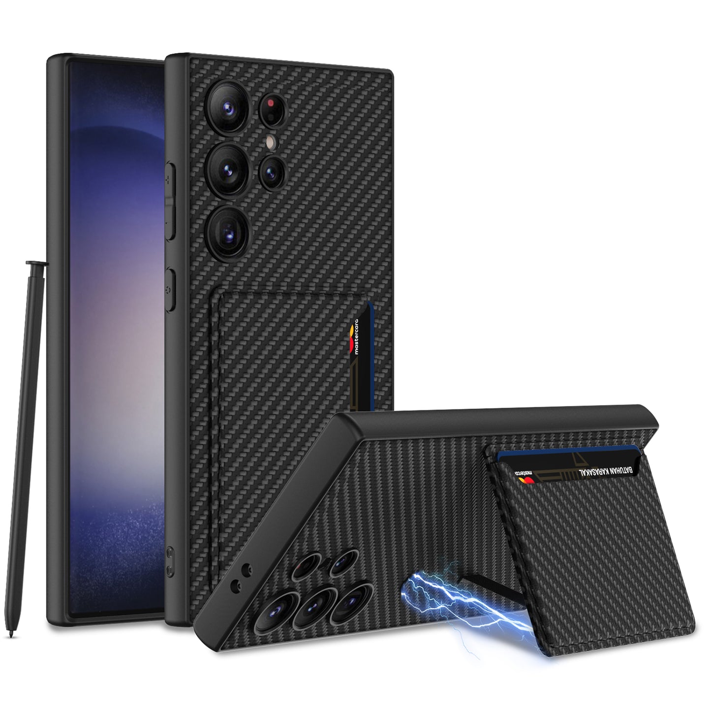 GKK For Samsung Galaxy S24 Ultra Magnetic Case PU Leather Coated PC+TPU Phone Cover with Card Slot - Carbon Fiber Texture