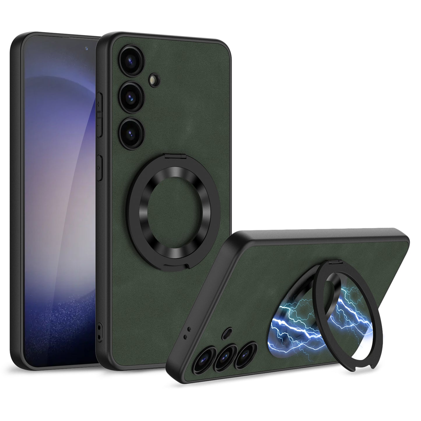 GKK For Samsung Galaxy S24 Magnetic Phone Case Matte Ring Kickstand Leather Back Cover - Green