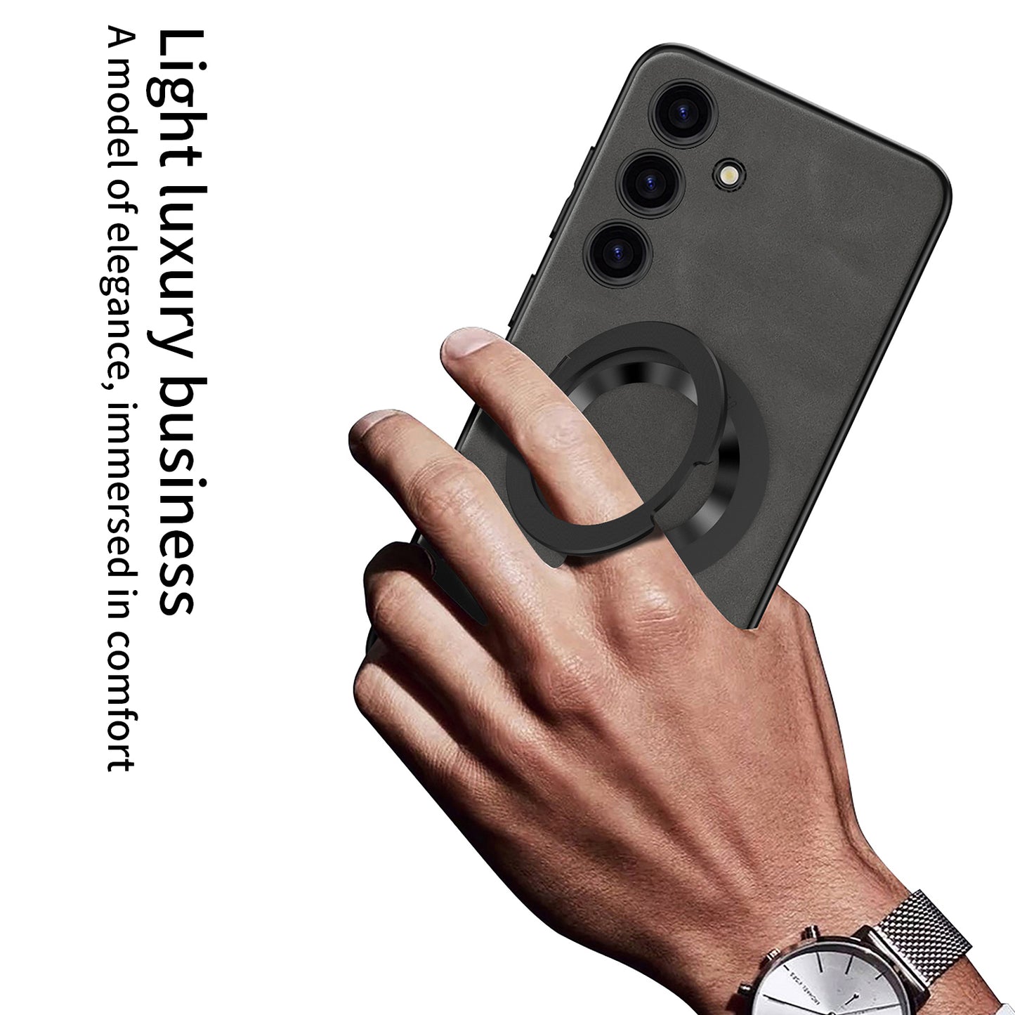 GKK For Samsung Galaxy S24 Magnetic Phone Case Matte Ring Kickstand Leather Back Cover - Grey