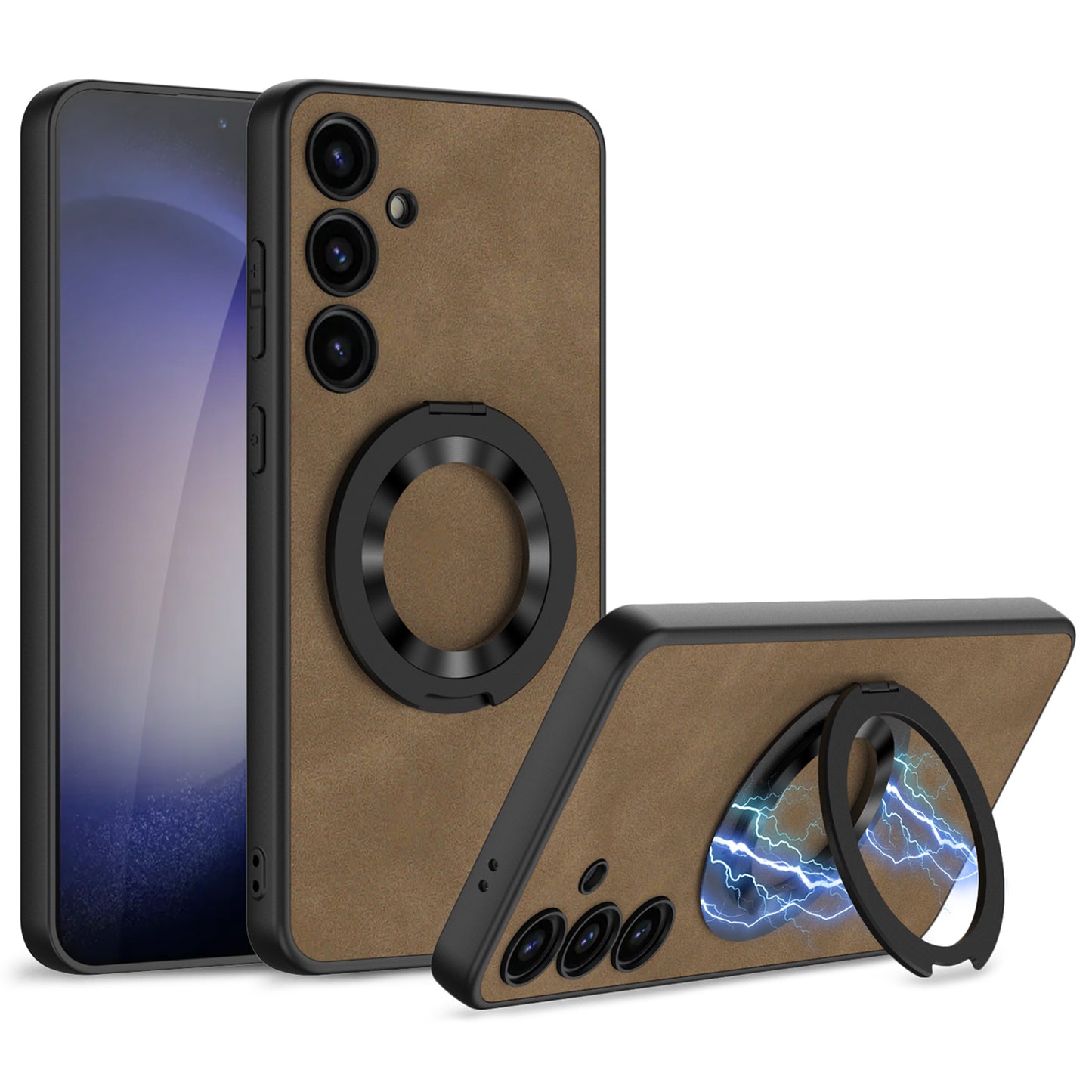 GKK For Samsung Galaxy S24 Magnetic Phone Case Matte Ring Kickstand Leather Back Cover - Brown