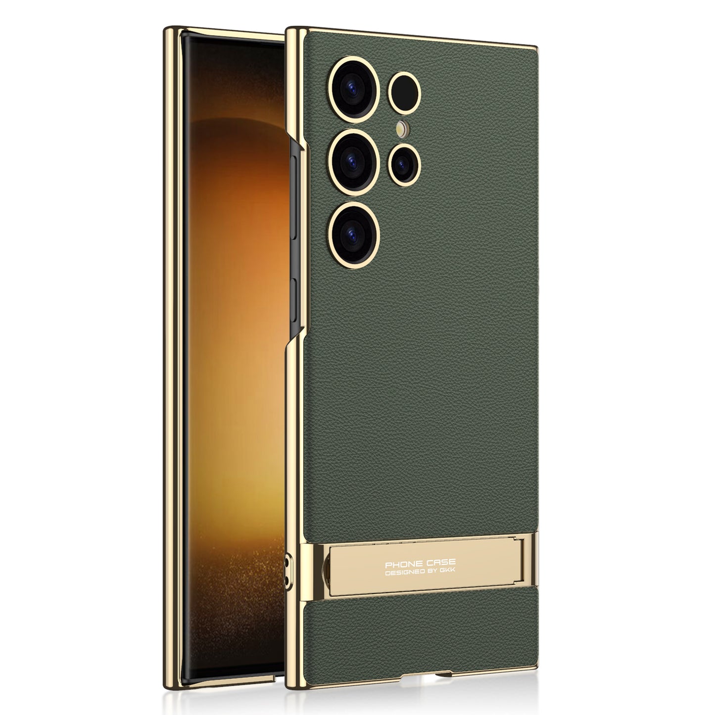 GKK For Samsung Galaxy S24 Ultra Phone Case Kickstand Electroplating Leather Back Cover - Green