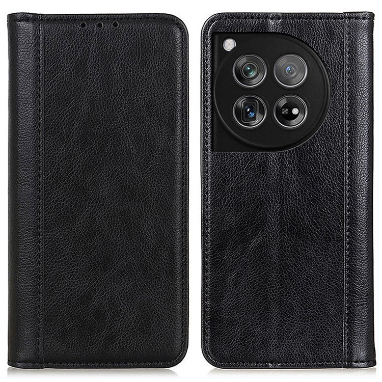 For OnePlus 12 5G Phone Cover Litchi Texture Magnetic Split Leather Wallet Case - Black