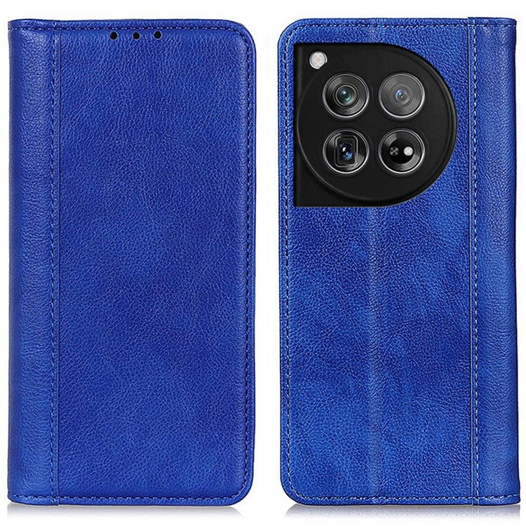 For OnePlus 12 5G Phone Cover Litchi Texture Magnetic Split Leather Wallet Case - Blue