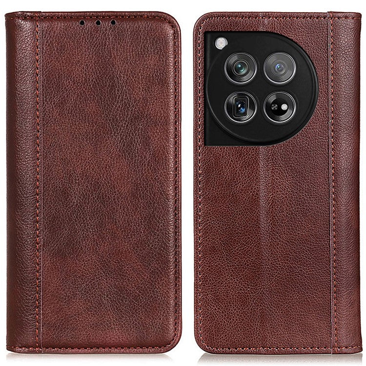 For OnePlus 12 5G Phone Cover Litchi Texture Magnetic Split Leather Wallet Case - Brown
