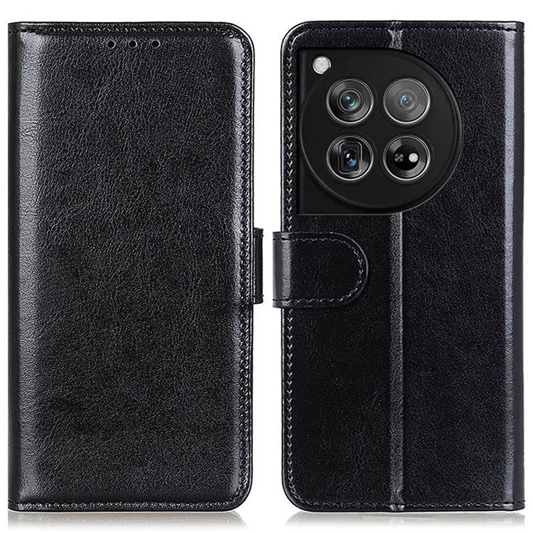 For OnePlus 12 5G Flip Leather Phone Cover Crazy Horse Pattern Design - Black