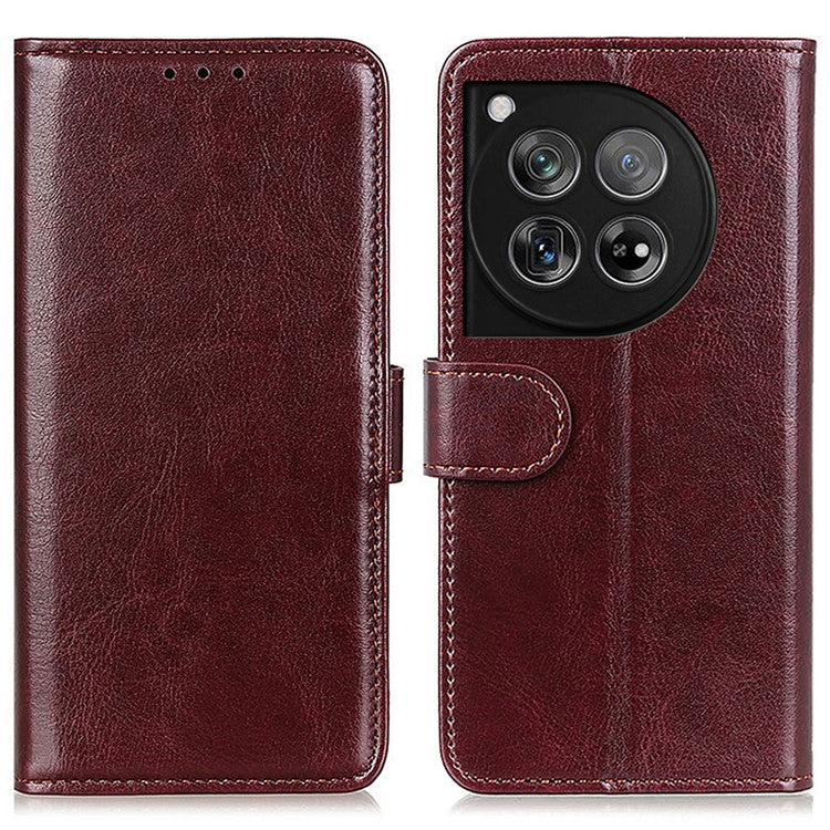 For OnePlus 12 5G Flip Leather Phone Cover Crazy Horse Pattern Design - Brown