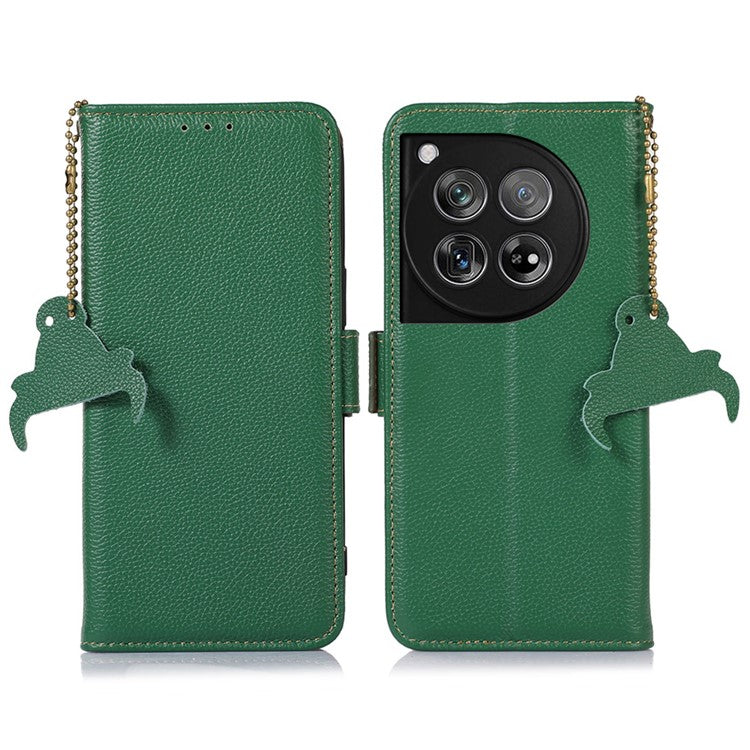 For OnePlus 12 5G Phone Case Genuine Cow Leather RFID Blocking Wallet - Green