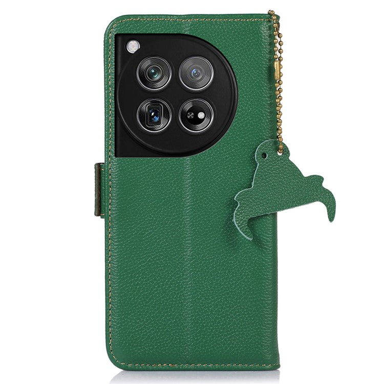 For OnePlus 12 5G Phone Case Genuine Cow Leather RFID Blocking Wallet - Green
