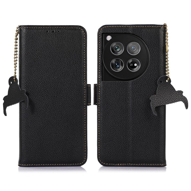 For OnePlus 12 5G Phone Case Genuine Cow Leather RFID Blocking Wallet - Black