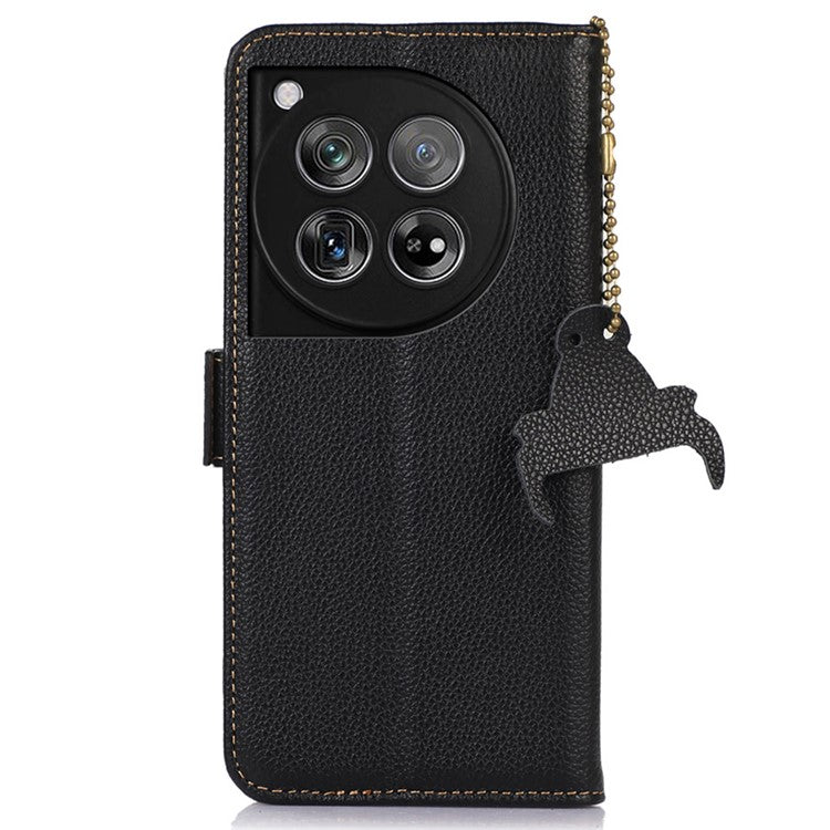 For OnePlus 12 5G Phone Case Genuine Cow Leather RFID Blocking Wallet - Black