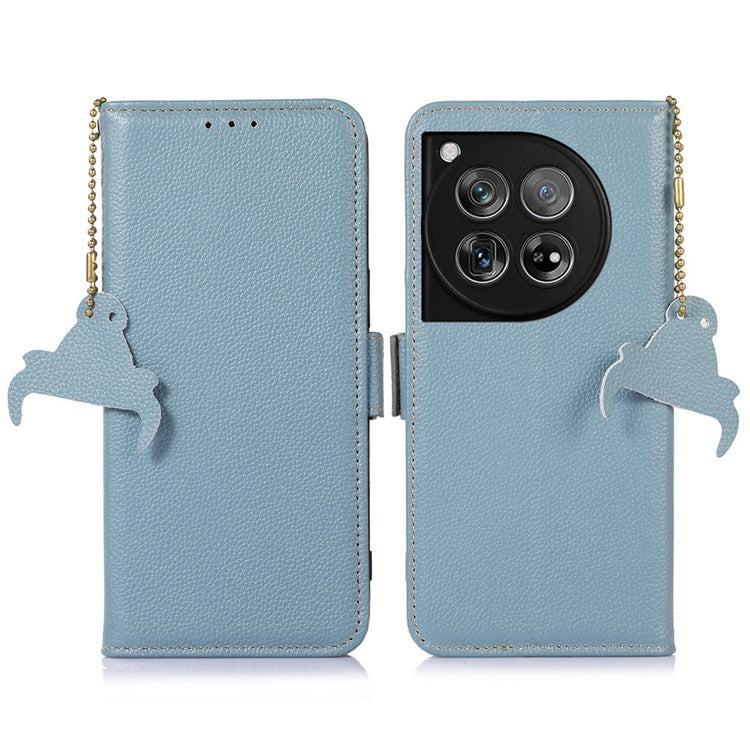 For OnePlus 12 5G Phone Case Genuine Cow Leather RFID Blocking Wallet - Blue