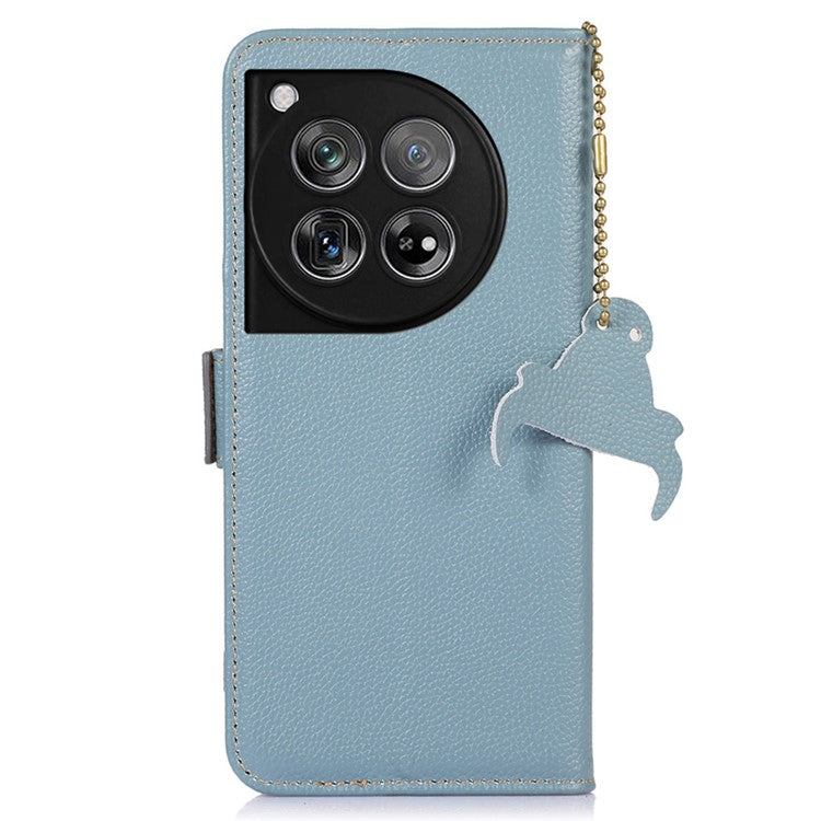 For OnePlus 12 5G Phone Case Genuine Cow Leather RFID Blocking Wallet - Blue