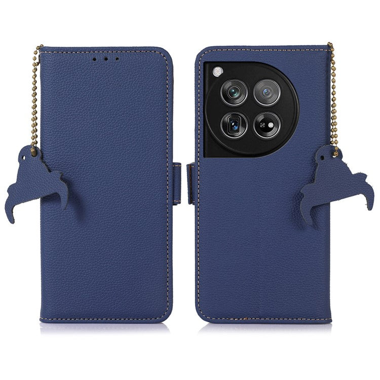 For OnePlus 12 5G Phone Case Genuine Cow Leather RFID Blocking Wallet - Sapphire