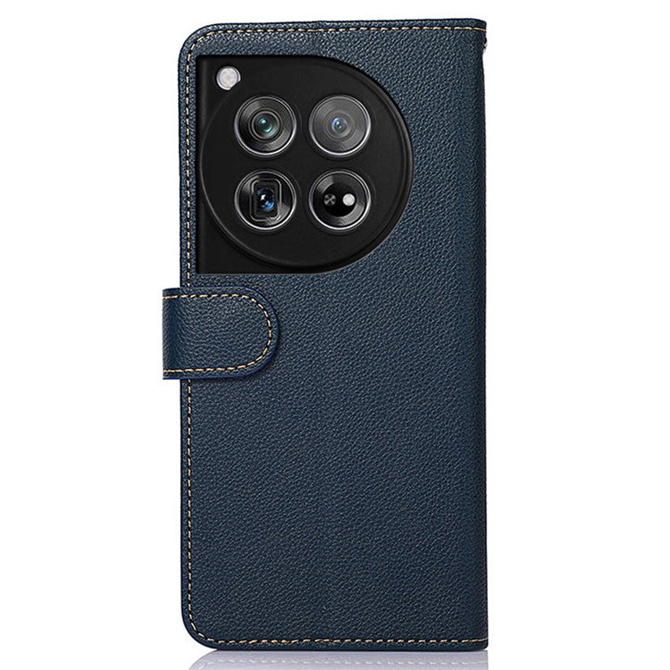 KHAZNEH For OnePlus 12 5G PU Leather Phone Cover Litchi Texture Flip Stand RFID Blocking Case - Blue