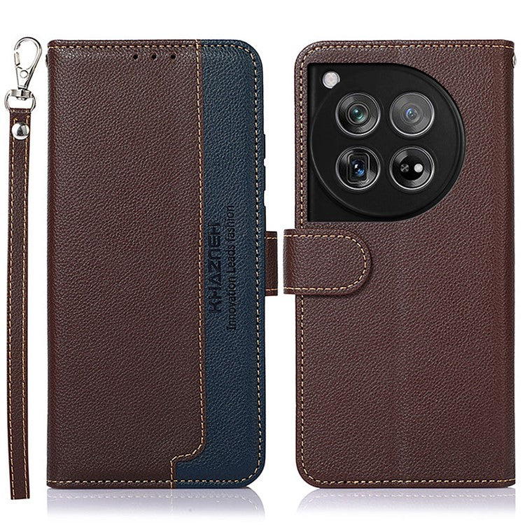 KHAZNEH For OnePlus 12 5G PU Leather Phone Cover Litchi Texture Flip Stand RFID Blocking Case - Brown