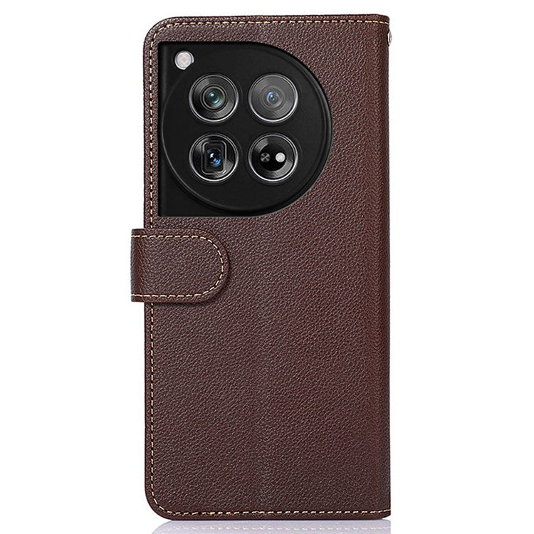 KHAZNEH For OnePlus 12 5G PU Leather Phone Cover Litchi Texture Flip Stand RFID Blocking Case - Brown