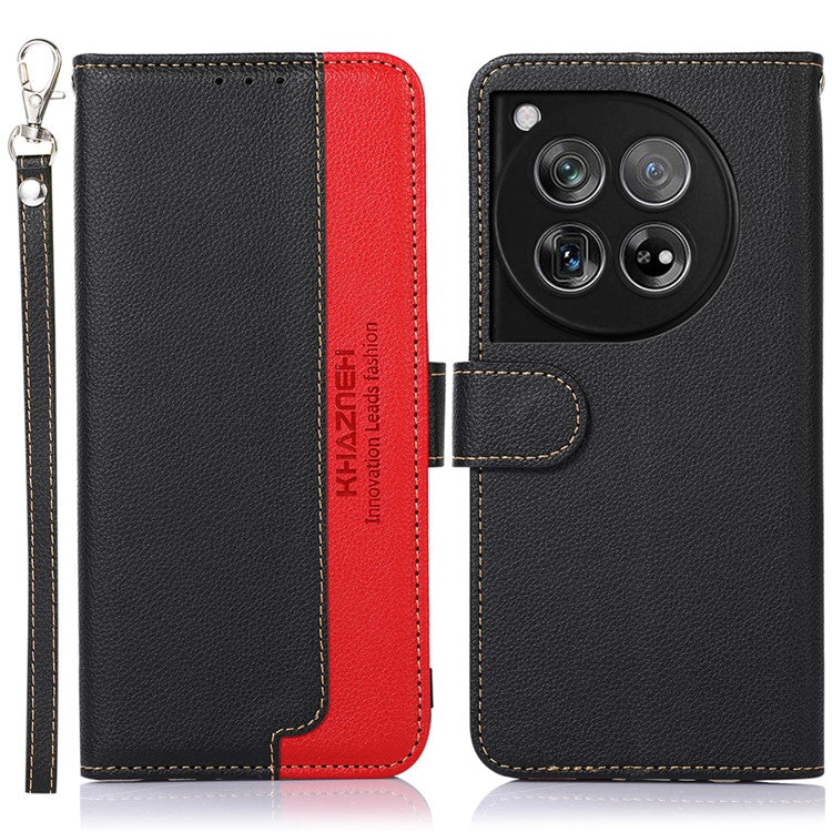 KHAZNEH For OnePlus 12 5G PU Leather Phone Cover Litchi Texture Flip Stand RFID Blocking Case - Black