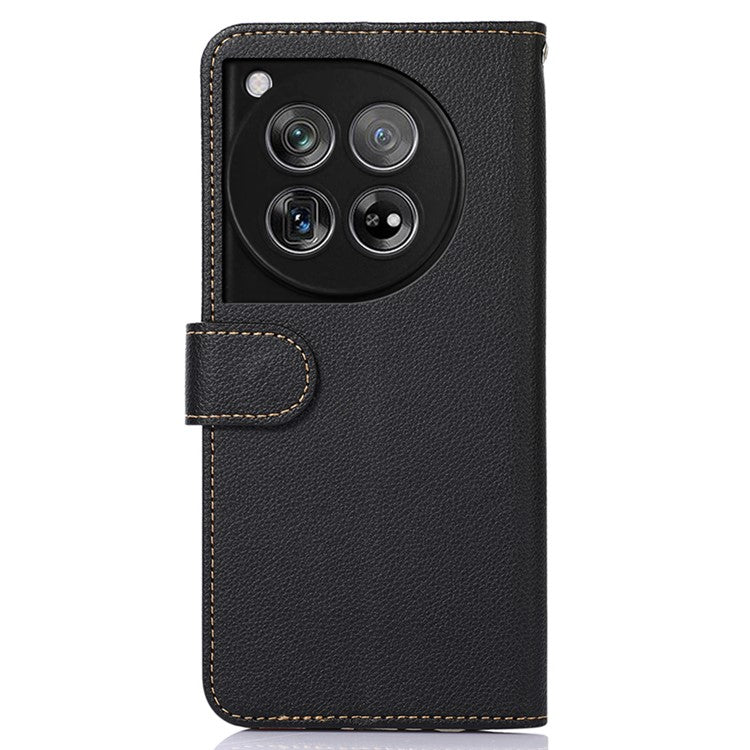 KHAZNEH For OnePlus 12 5G PU Leather Phone Cover Litchi Texture Flip Stand RFID Blocking Case - Black