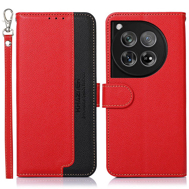 KHAZNEH For OnePlus 12 5G PU Leather Phone Cover Litchi Texture Flip Stand RFID Blocking Case - Red
