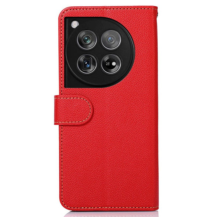 KHAZNEH For OnePlus 12 5G PU Leather Phone Cover Litchi Texture Flip Stand RFID Blocking Case - Red