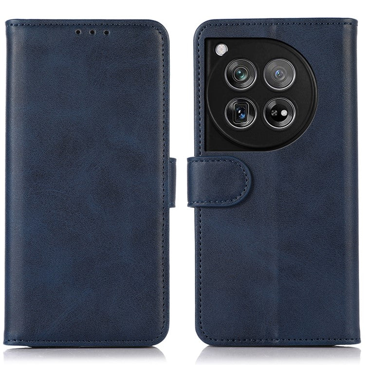 For OnePlus 12 5G Leather Case Scratch-proof Cowhide Texture Stand Wallet Phone Cover - Blue