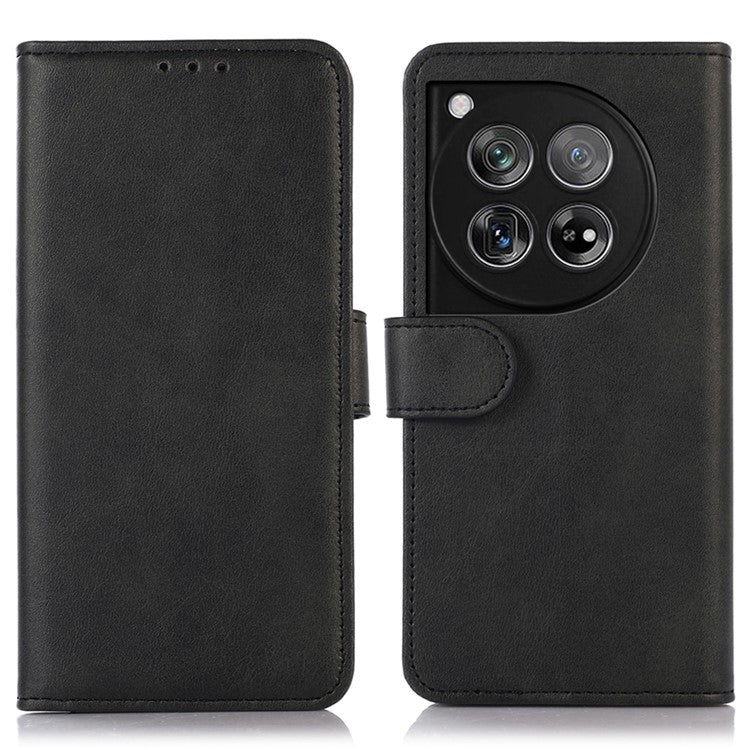 For OnePlus 12 5G Leather Case Scratch-proof Cowhide Texture Stand Wallet Phone Cover - Black