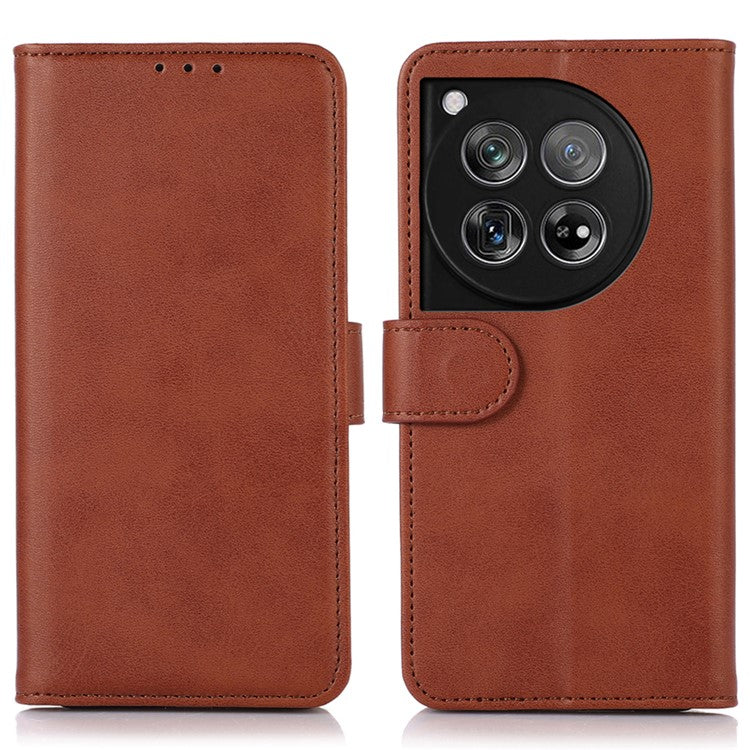 For OnePlus 12 5G Leather Case Scratch-proof Cowhide Texture Stand Wallet Phone Cover - Brown