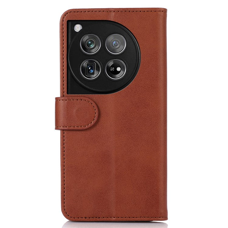 For OnePlus 12 5G Leather Case Scratch-proof Cowhide Texture Stand Wallet Phone Cover - Brown