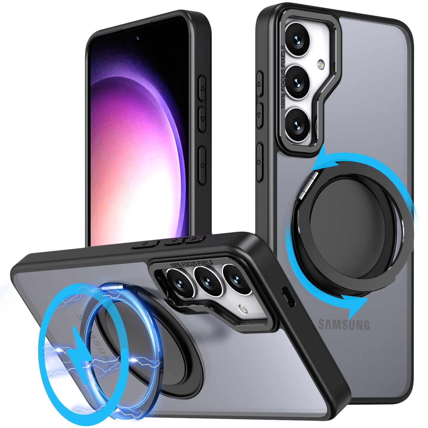 For Samsung Galaxy S24+ Magnetic Phone Case Invisible Gear 360 Degree Rotation Ring Kickstand - Black